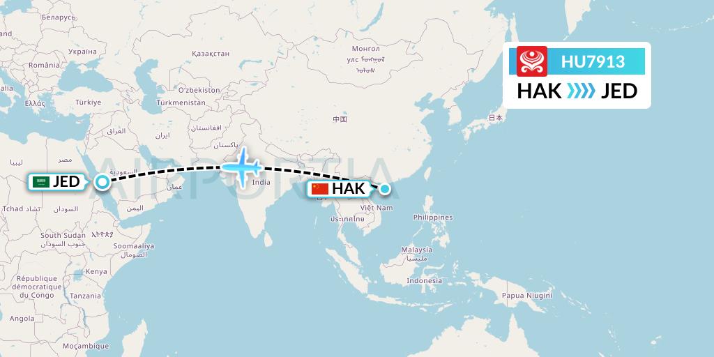 HU7913 Hainan Airlines Flight Map: Haikou to Jeddah