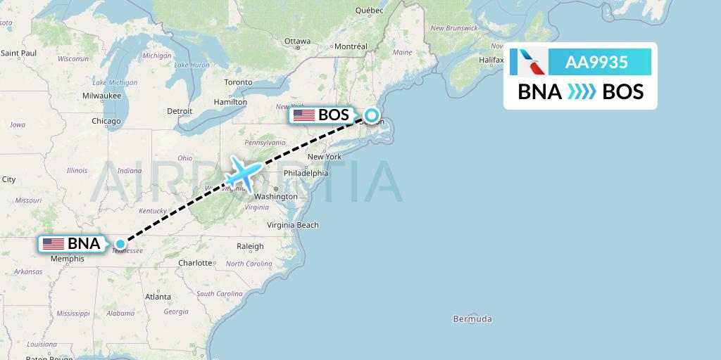 AA9935 American Airlines Flight Map: Nashville to Boston