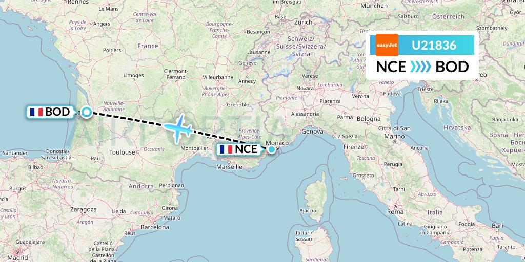 U21836 EasyJet Flight Map: Nice to Bordeaux