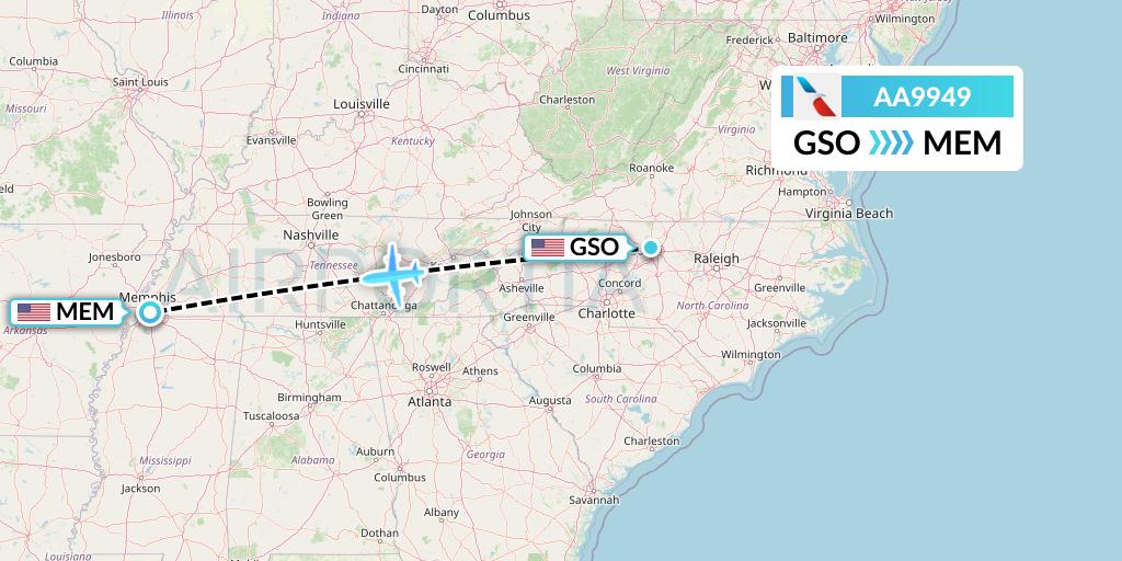AA9949 American Airlines Flight Map: Greensboro to Memphis