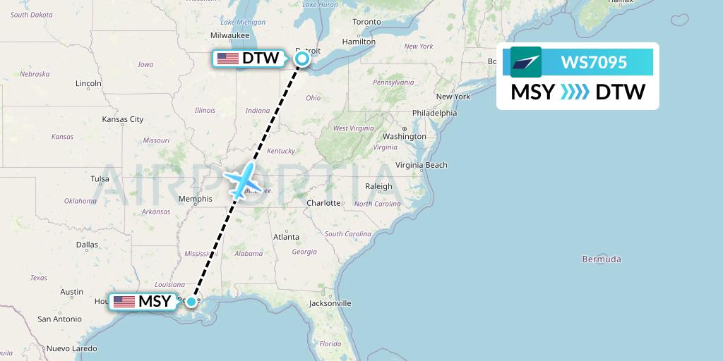WS7095 WestJet Flight Map: New Orleans to Detroit