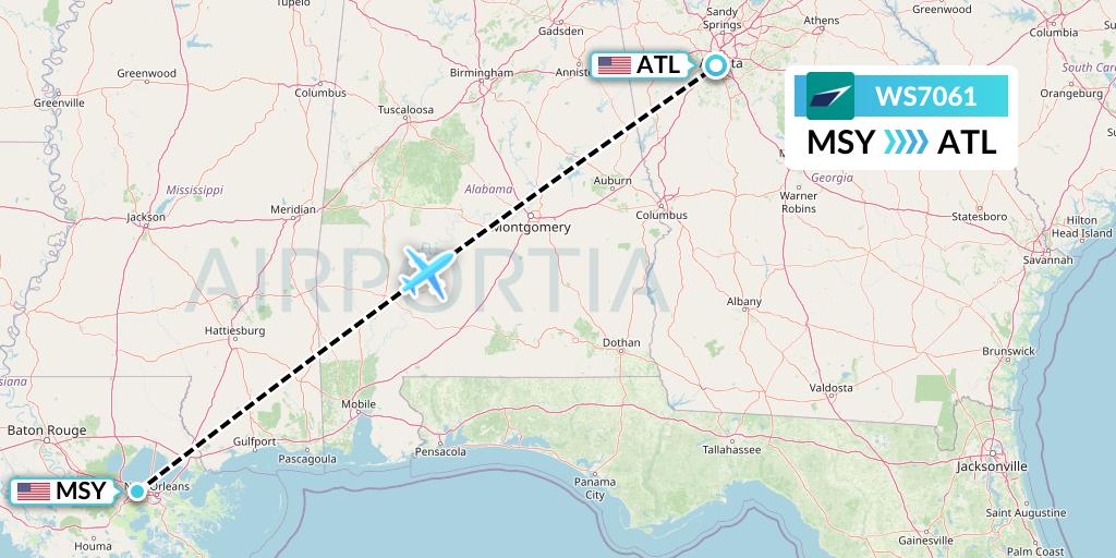 WS7061 WestJet Flight Map: New Orleans to Atlanta