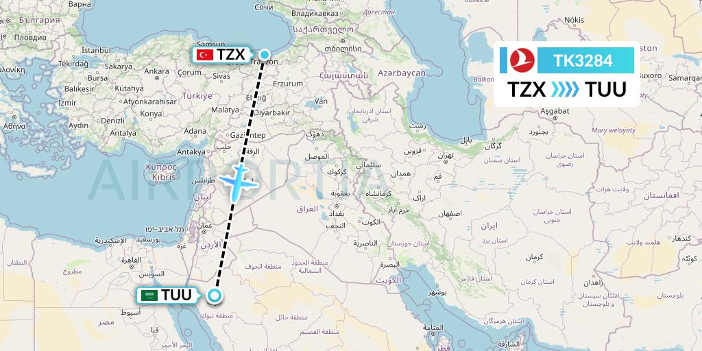 TK3284 Turkish Airlines Flight Map: Trabzon to Tabuk