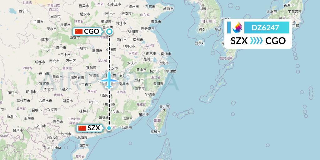 DZ6247 Donghai Airlines Flight Map: Shenzhen to Zhengzhou