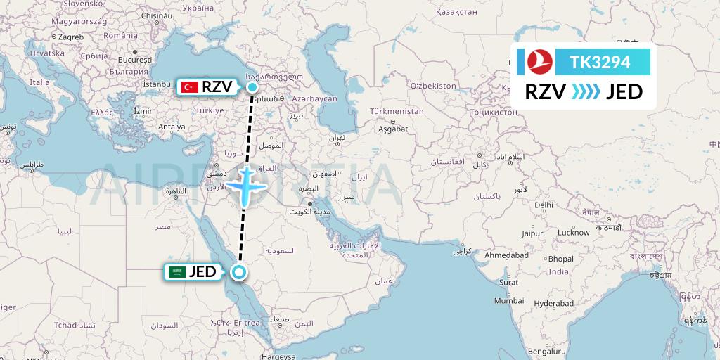 TK3294 Turkish Airlines Flight Map: Trabzon to Jeddah