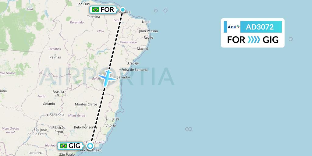 AD3072 Azul Brazilian Airlines Flight Map: Fortaleza to Rio de Janeiro