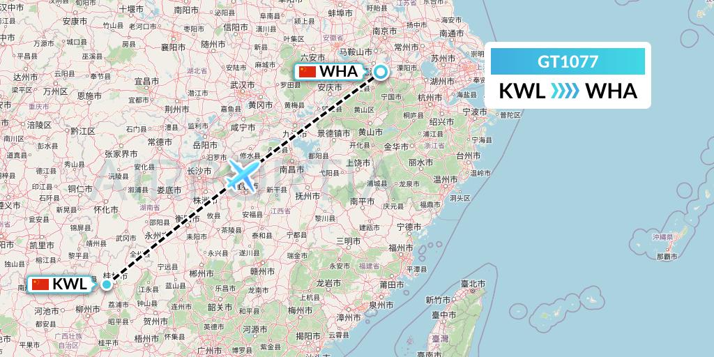 GT1077 Air Guilin Flight Map: Guilin to Wuhu