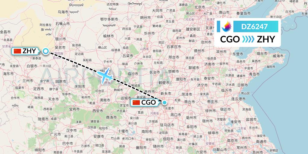 DZ6247 Donghai Airlines Flight Map: Zhengzhou to Zhongwei