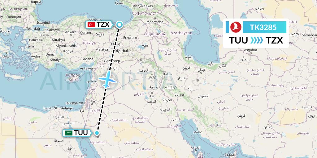 TK3285 Turkish Airlines Flight Map: Tabuk to Trabzon