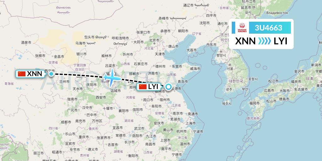 3U4663 Sichuan Airlines Flight Map: Xining to Linyi