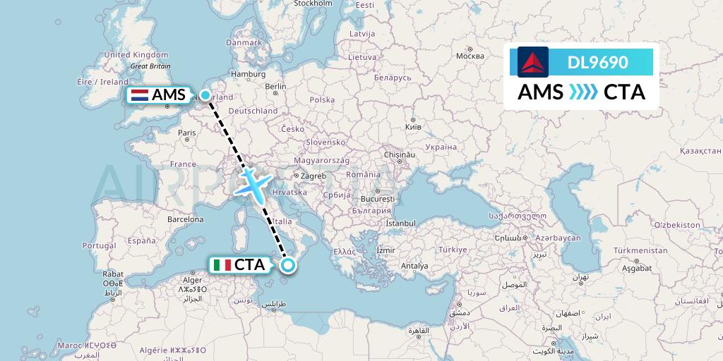 DL9690 Delta Air Lines Flight Map: Amsterdam to Catania