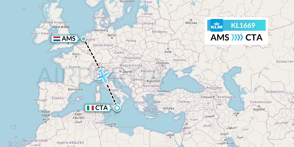 KL1669 KLM Flight Map: Amsterdam to Catania