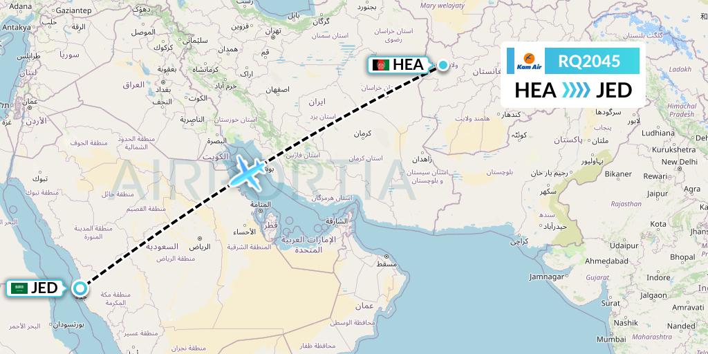 RQ2045 Kam Air Flight Map: Herat to Jeddah