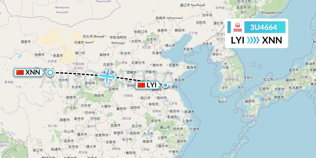 3U4664 Sichuan Airlines Flight Map: Linyi to Xining