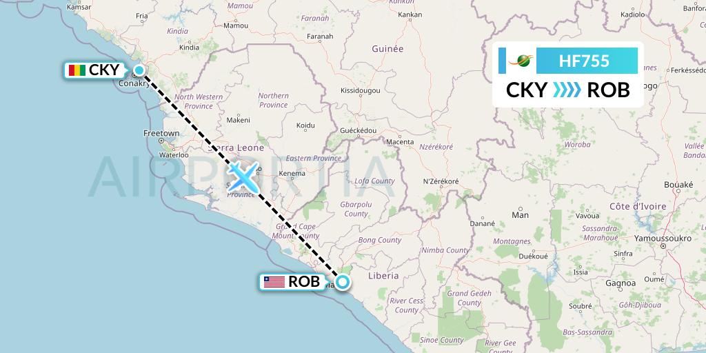 HF755 Air Cote d'Ivoire Flight Map: Conakry to Monrovia