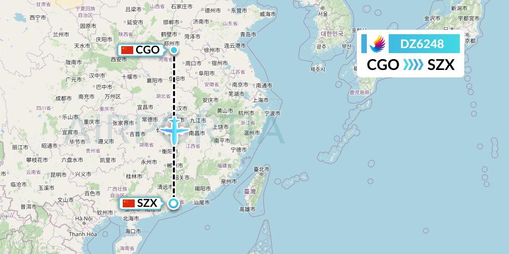 DZ6248 Donghai Airlines Flight Map: Zhengzhou to Shenzhen