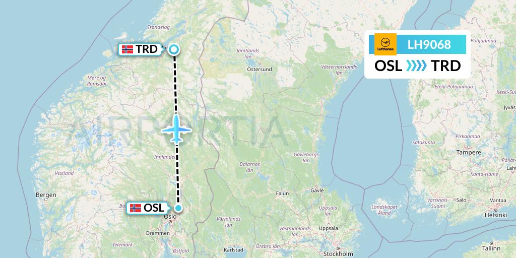 LH9068 Lufthansa Flight Map: Oslo to Trondheim