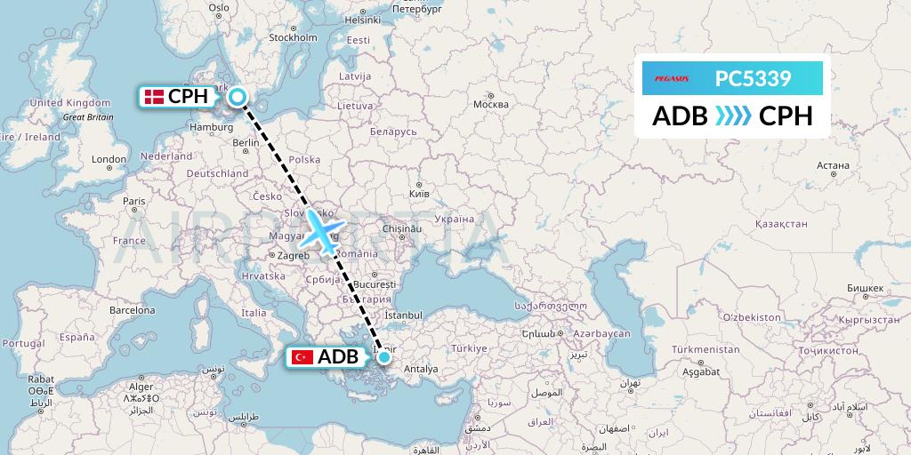 PC5339 Pegasus Airlines Flight Map: Izmir to Copenhagen