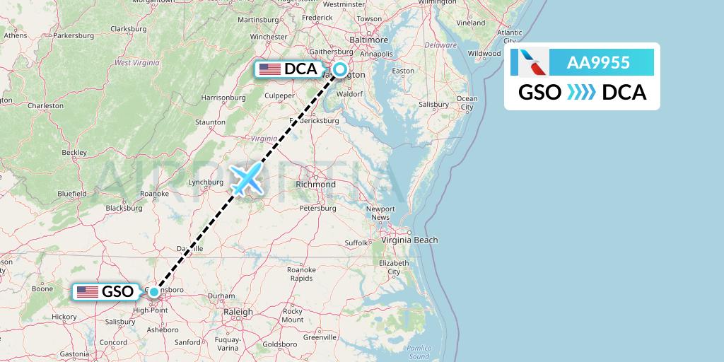 AA9955 American Airlines Flight Map: Greensboro to Washington