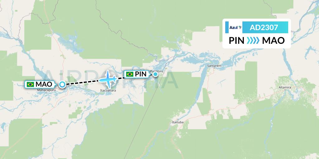 AD2307 Azul Brazilian Airlines Flight Map: Parintins to Manaus