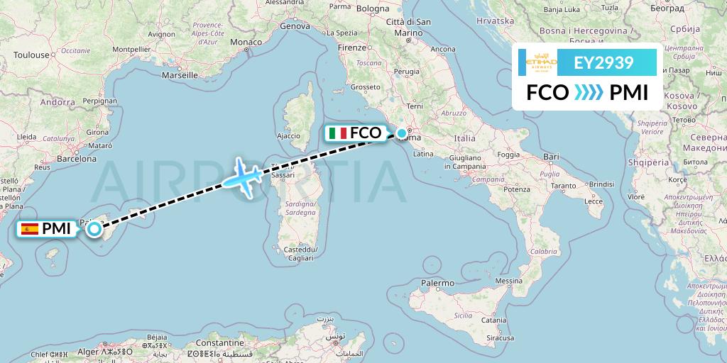 EY2939 Etihad Airways Flight Map: Rome to Palma de Mallorca