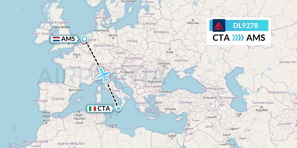 DL9278 Delta Air Lines Flight Map: Catania to Amsterdam