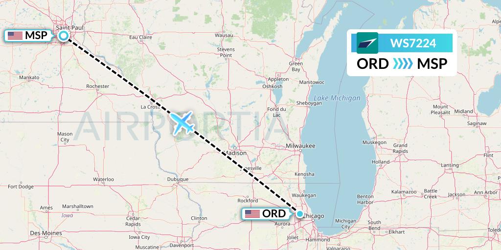 WS7224 WestJet Flight Map: Chicago to Minneapolis