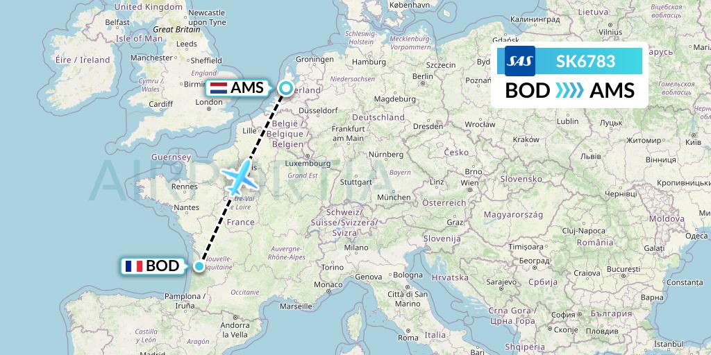 SK6783 SAS Flight Map: Bordeaux to Amsterdam