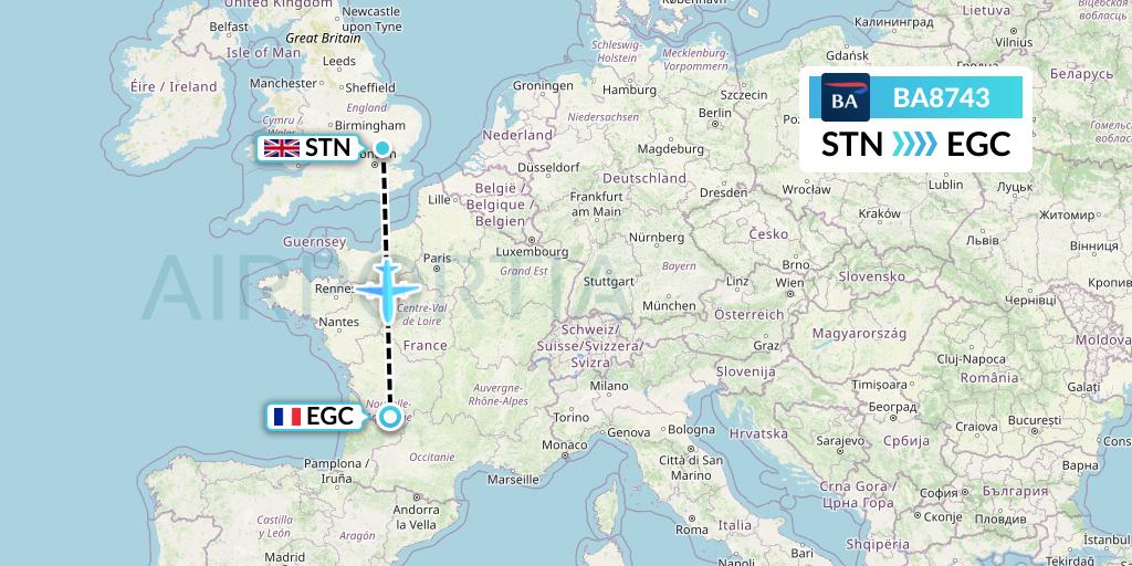BA8743 British Airways Flight Map: London to Bergerac