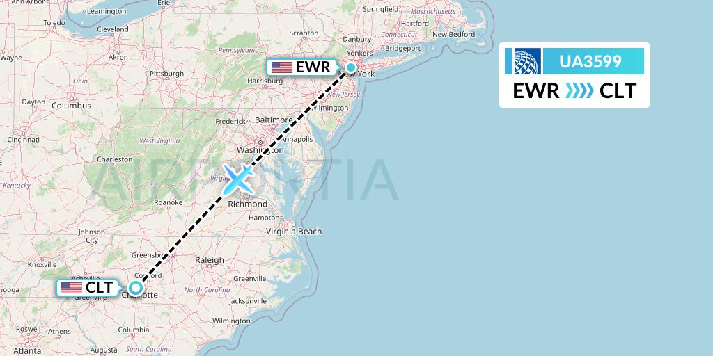 UA3599 United Airlines Flight Map: New York to Charlotte