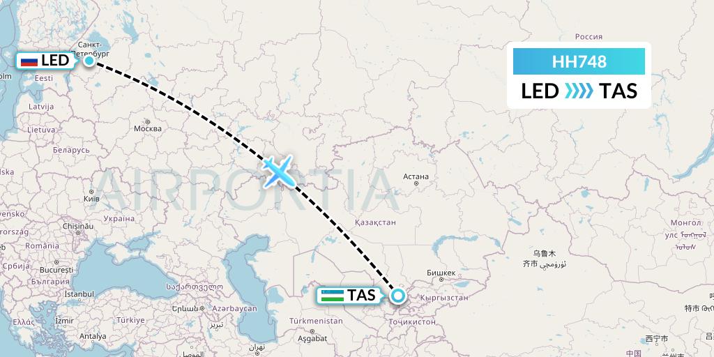 HH748 Qanot Sharq Flight Map: St. Petersburg to Tashkent