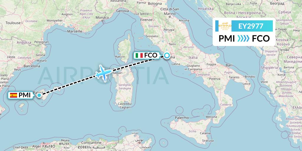 EY2977 Etihad Airways Flight Map: Palma de Mallorca to Rome