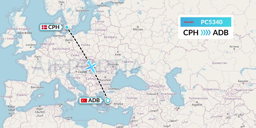 PC5340 Pegasus Airlines Flight Map: Copenhagen to Izmir