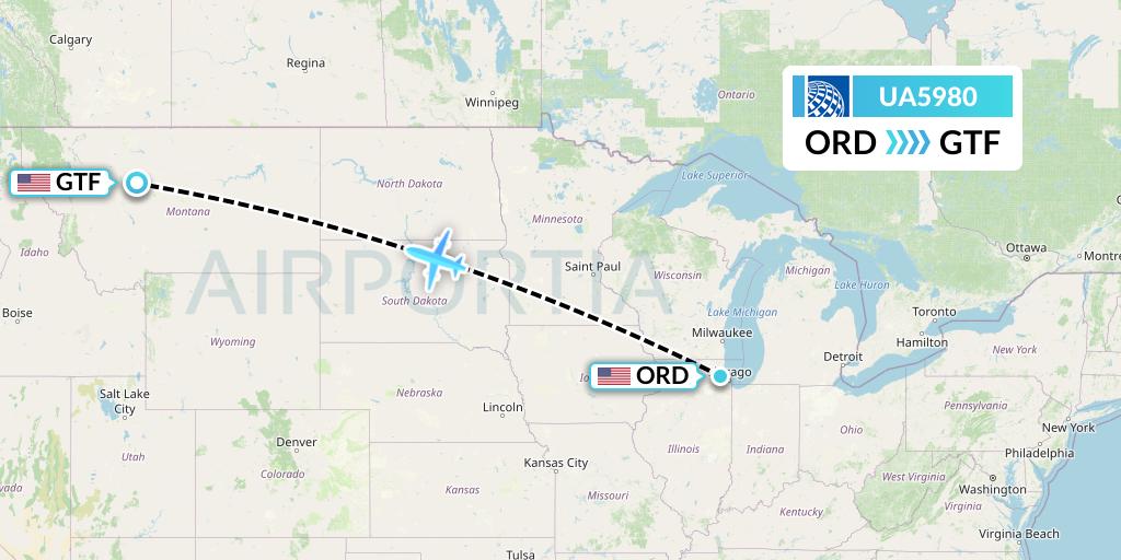 UA5980 United Airlines Flight Map: Chicago to Great Falls