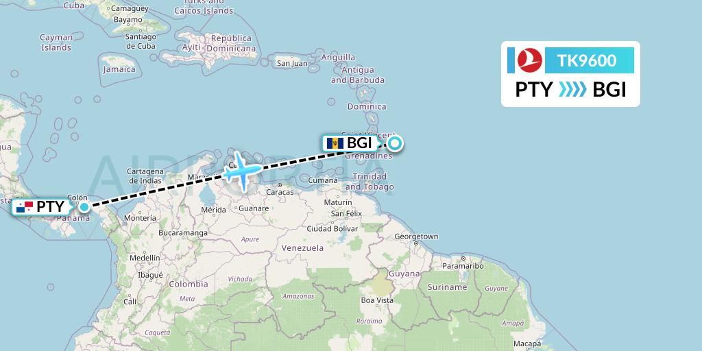 TK9600 Turkish Airlines Flight Map: Panama City to Bridgetown