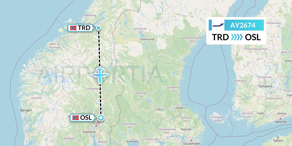 AY2674 Finnair Flight Map: Trondheim to Oslo