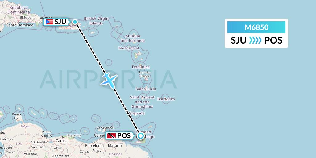 M6850 Amerijet International Flight Map: San Juan to Port of Spain