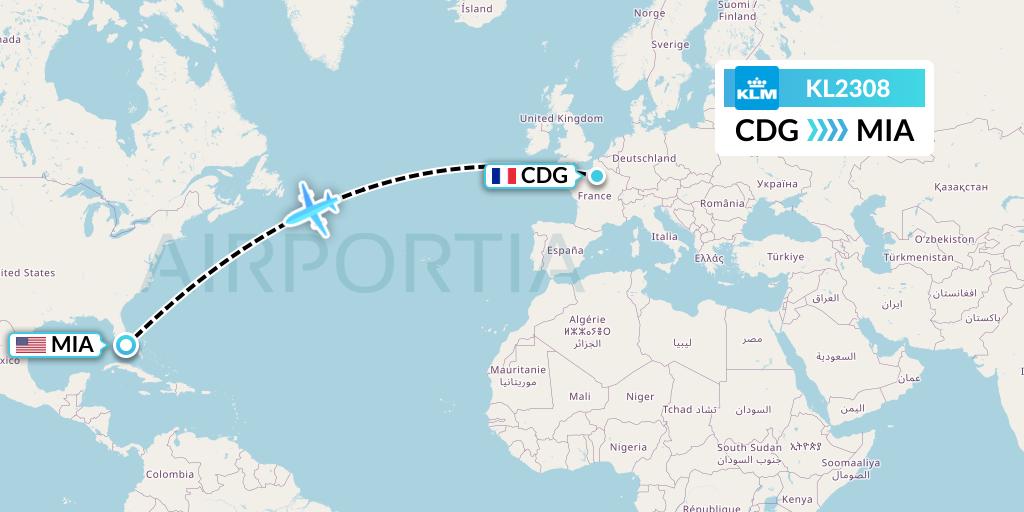 KL2308 KLM Flight Map: Paris to Miami