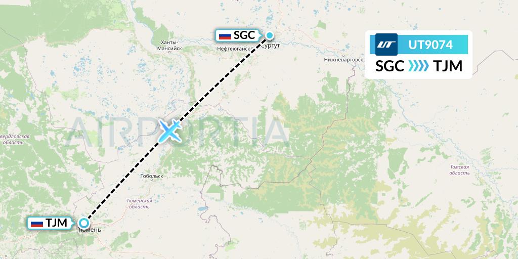 UT9074 UTair Flight Map: Surgut to Tyumen