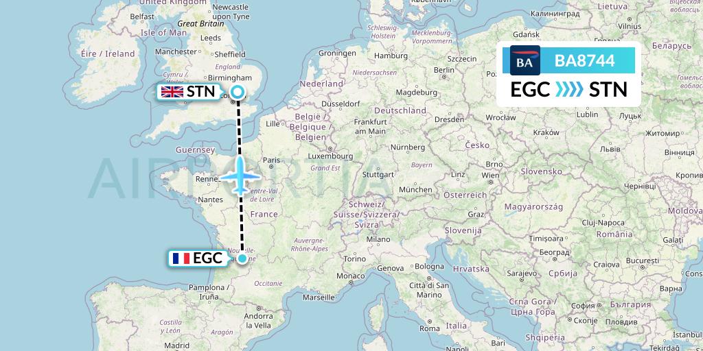 BA8744 British Airways Flight Map: Bergerac to London