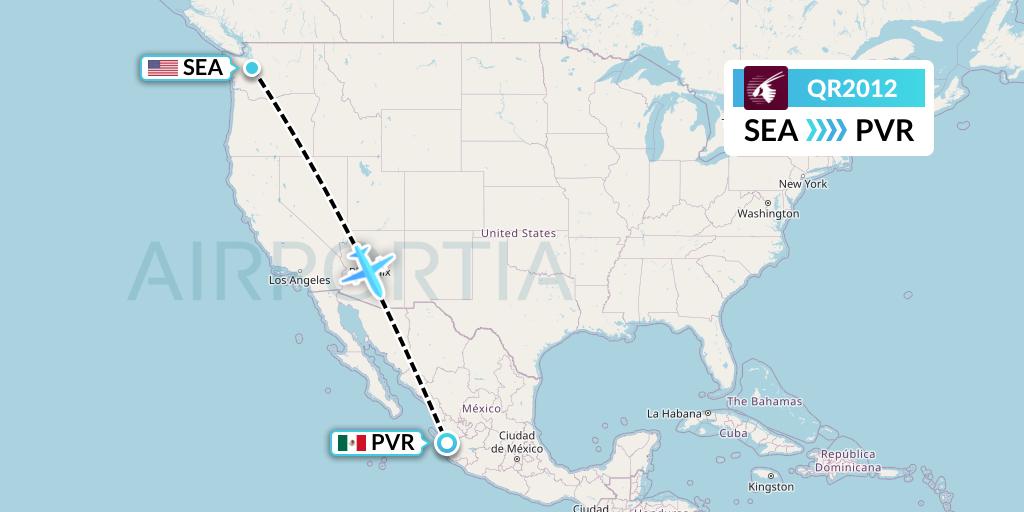 QR2012 Qatar Airways Flight Map: Seattle to Puerto Vallarta