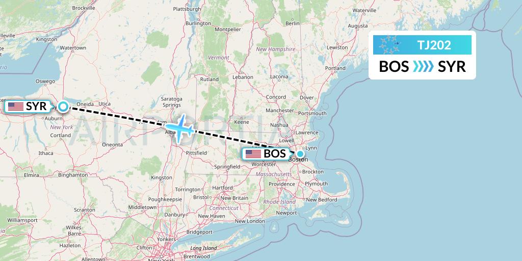 TJ202 Tradewind Aviation Flight Map: Boston to Syracuse