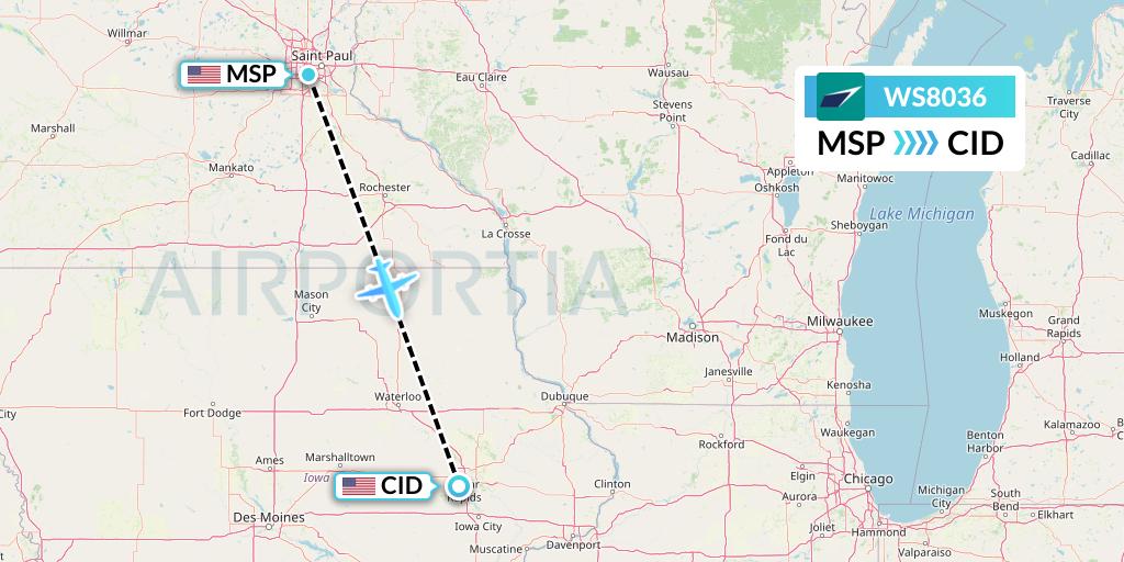 WS8036 WestJet Flight Map: Minneapolis to Cedar Rapids