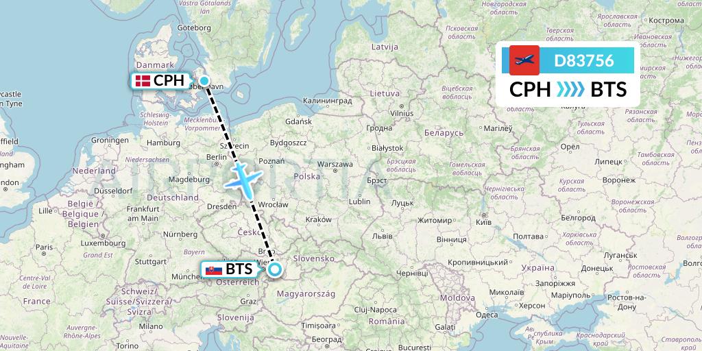 D83756 Norwegian Air International Flight Map: Copenhagen to Bratislava