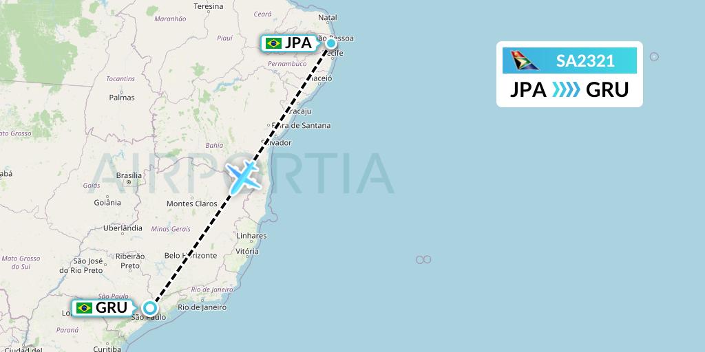 SA2321 South African Airways Flight Map: Joao Pessoa to Sao Paulo