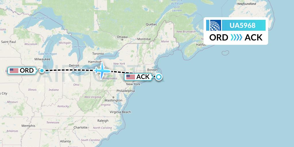 UA5968 United Airlines Flight Map: Chicago to Nantucket