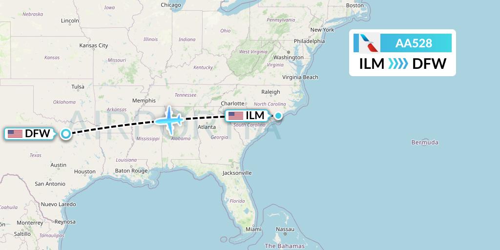 AA528 American Airlines Flight Map: Wilmington to Dallas