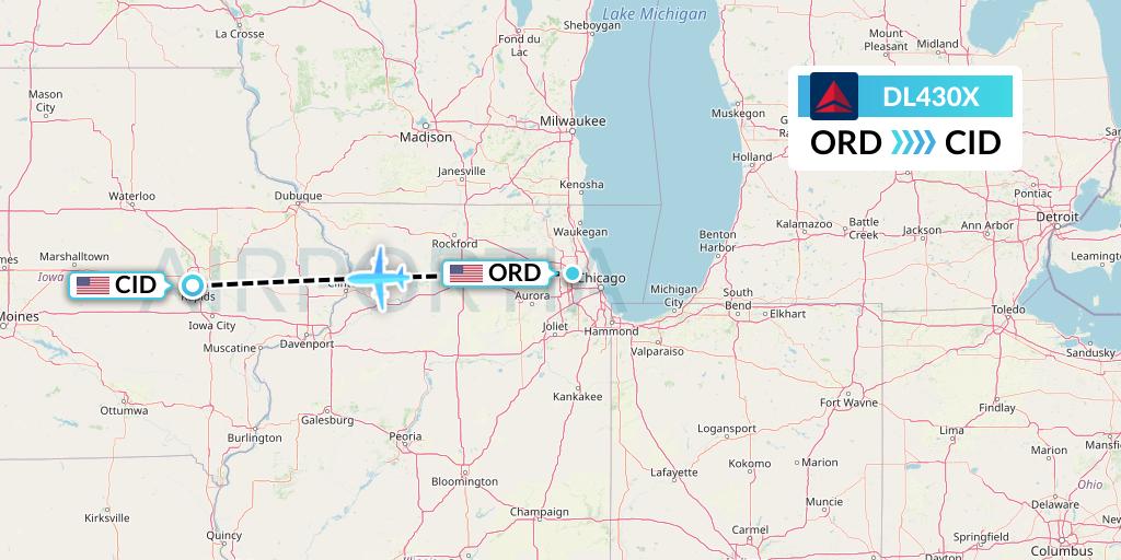 DL430X Delta Air Lines Flight Map: Chicago to Cedar Rapids