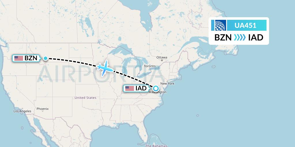 UA451 United Airlines Flight Map: Bozeman to Washington