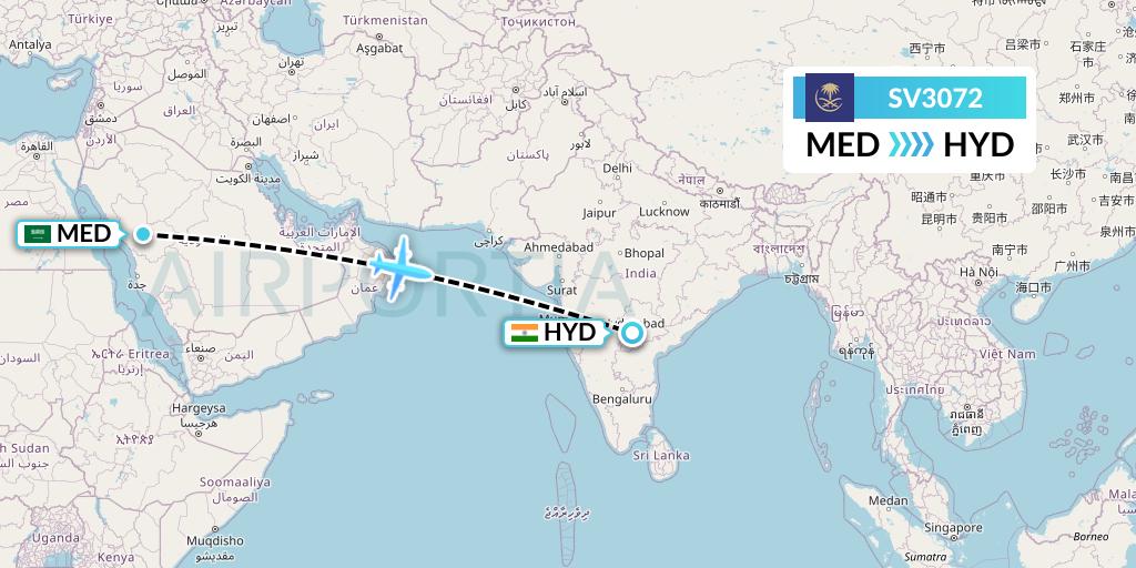 SV3072 Saudi Arabian Airlines Flight Map: Medina to Hyderabad